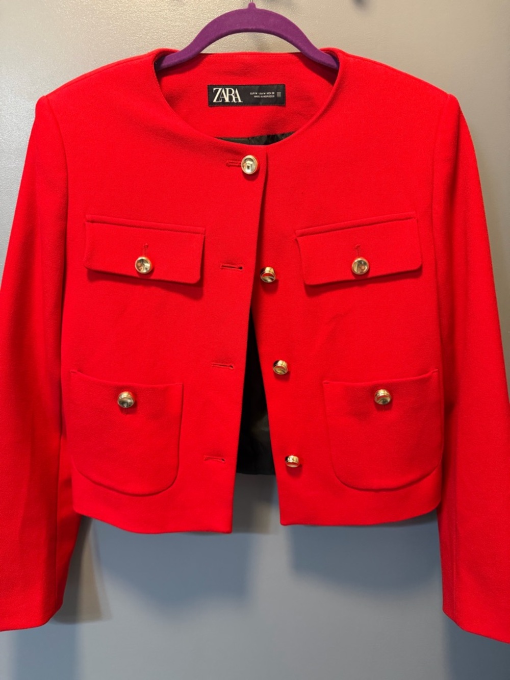 Zara Red Cropped Collarless Blazer with Gold Buttons